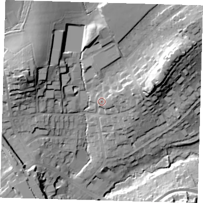 Shaded relief map of the ground around RH80AS, computed from Environment Agency LiDAR. The ground here sits at about 103 m above sea level and falls 32 m across the surrounding 800 m. Surface water reaching this point runs off ground lying to the east-north-east, 9.0 m higher.