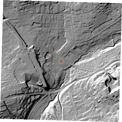 Shaded relief map of the ground around RH80BD, computed from Environment Agency LiDAR. The ground here sits at about 93 m above sea level and falls 47 m across the surrounding 800 m. Surface water reaching this point runs off ground lying to the north-north-west, 21.5 m higher.