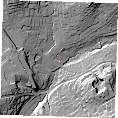 Shaded relief map of the ground around RH80BT, computed from Environment Agency LiDAR. The ground here sits at about 93 m above sea level and falls 49 m across the surrounding 800 m. Surface water reaching this point runs off ground lying to the north-north-east, 17.2 m higher.