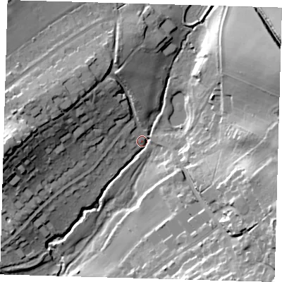 Shaded relief map of the ground around RH80DE, computed from Environment Agency LiDAR. The ground here sits at about 100 m above sea level and falls 29 m across the surrounding 800 m. Surface water reaching this point runs off ground lying to the east-north-east, 23.8 m higher.
