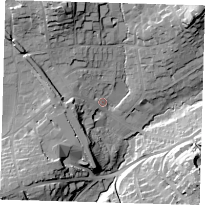 Shaded relief map of the ground around RH80PG, computed from Environment Agency LiDAR. The ground here sits at about 96 m above sea level and falls 41 m across the surrounding 800 m. Surface water reaching this point runs off ground lying to the west, 16.2 m higher.