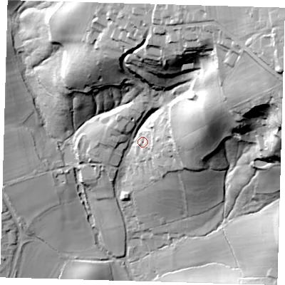Shaded relief map of the ground around RH80RG, computed from Environment Agency LiDAR. The ground here sits at about 103 m above sea level and falls 82 m across the surrounding 800 m. Surface water reaching this point runs off ground lying to the east-north-east, 63.3 m higher.