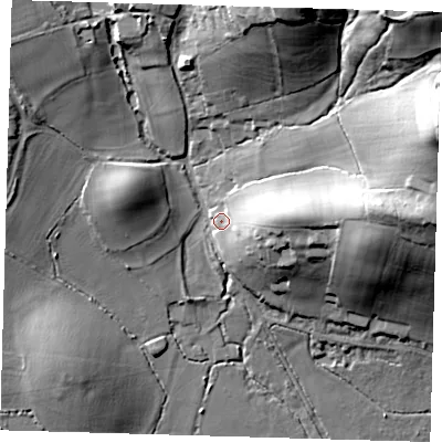 Shaded relief map of the ground around RH80RQ, computed from Environment Agency LiDAR. The ground here sits at about 84 m above sea level and falls 51 m across the surrounding 800 m. Surface water reaching this point runs off ground lying to the east, 13.4 m higher.