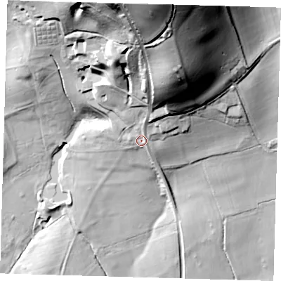 Shaded relief map of the ground around RH80SB, computed from Environment Agency LiDAR. The ground here sits at about 135 m above sea level and falls 77 m across the surrounding 800 m. Surface water reaching this point runs off ground lying to the north-north-east, 9.0 m higher.