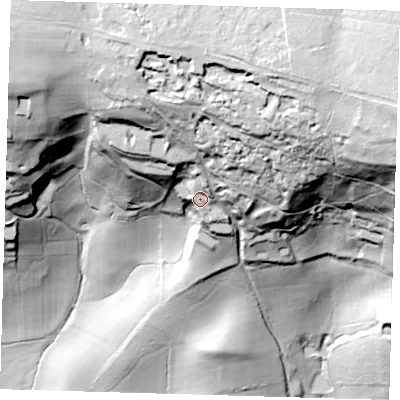 Shaded relief map of the ground around RH80TL, computed from Environment Agency LiDAR. The ground here sits at about 147 m above sea level and falls 105 m across the surrounding 800 m. Surface water reaching this point runs off ground lying to the north-north-east, 19.8 m higher.