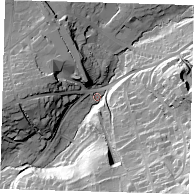Shaded relief map of the ground around RH89AB, computed from Environment Agency LiDAR. The ground here sits at about 88 m above sea level and falls 65 m across the surrounding 800 m. Surface water reaching this point runs off ground lying to the south-east, 61.8 m higher.