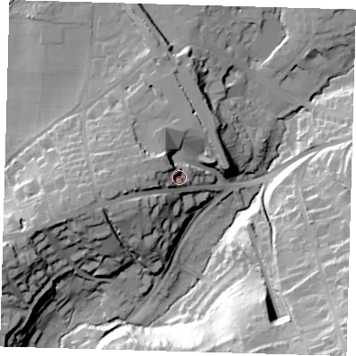 Shaded relief map of the ground around RH89AE, computed from Environment Agency LiDAR. The ground here sits at about 103 m above sea level and falls 46 m across the surrounding 800 m. Surface water reaching this point runs off ground lying to the north-west, 10.5 m higher.