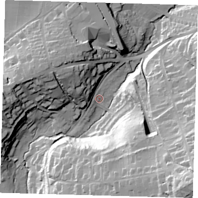 Shaded relief map of the ground around RH89HN, computed from Environment Agency LiDAR. The ground here sits at about 88 m above sea level and falls 61 m across the surrounding 800 m. Surface water reaching this point runs off ground lying to the north-west, 20.4 m higher.