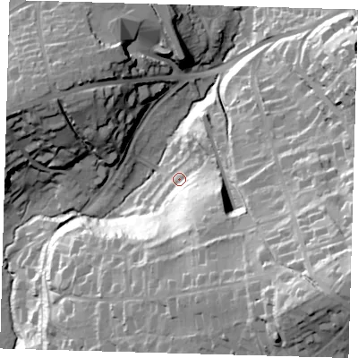 Shaded relief map of the ground around RH89HW, computed from Environment Agency LiDAR. The ground here sits at about 93 m above sea level and falls 63 m across the surrounding 800 m. Surface water reaching this point runs off ground lying to the south-east, 52.9 m higher.