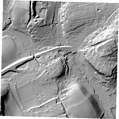 Shaded relief map of the ground around RH89LN, computed from Environment Agency LiDAR. The ground here sits at about 98 m above sea level and falls 57 m across the surrounding 800 m. Surface water reaching this point runs off ground lying to the south-south-west, 12.9 m higher.