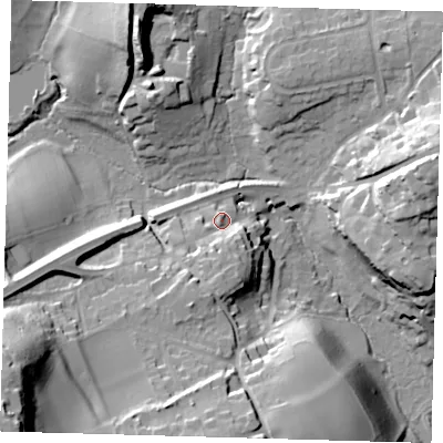 Shaded relief map of the ground around RH89LP, computed from Environment Agency LiDAR. The ground here sits at about 96 m above sea level and falls 57 m across the surrounding 800 m. Surface water reaching this point runs off ground lying to the south, 10.9 m higher.