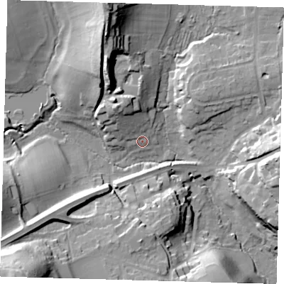 Shaded relief map of the ground around RH89LT, computed from Environment Agency LiDAR. The ground here sits at about 92 m above sea level and falls 51 m across the surrounding 800 m. Surface water reaching this point runs off ground lying to the north-west, 12.1 m higher.