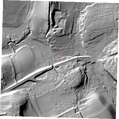 Shaded relief map of the ground around RH89LY, computed from Environment Agency LiDAR. The ground here sits at about 91 m above sea level and falls 55 m across the surrounding 800 m. Surface water reaching this point runs off ground lying to the south-west, 49.3 m higher.
