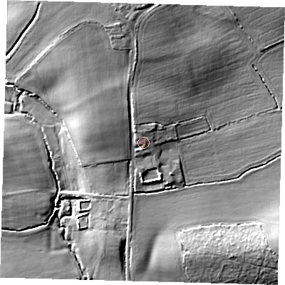 Shaded relief map of the ground around RH89NW, computed from Environment Agency LiDAR. The ground here sits at about 79 m above sea level and falls 20 m across the surrounding 800 m. Surface water reaching this point runs off ground lying to the north-north-west, 1.9 m higher.