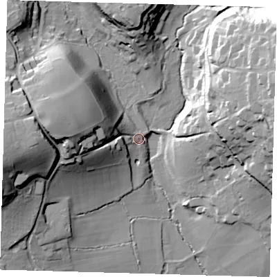Shaded relief map of the ground around RH89PB, computed from Environment Agency LiDAR. The ground here sits at about 84 m above sea level and falls 43 m across the surrounding 800 m. Surface water reaching this point runs off ground lying to the west, 36.0 m higher.