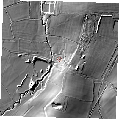 Shaded relief map of the ground around RH89PL, computed from Environment Agency LiDAR. The ground here sits at about 68 m above sea level and falls 19 m across the surrounding 800 m. Surface water reaching this point runs off ground lying to the south-east, 8.4 m higher.