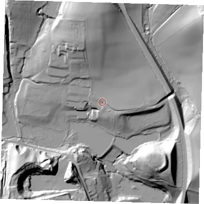 Shaded relief map of the ground around RH98BN, computed from Environment Agency LiDAR. The ground here sits at about 97 m above sea level and falls 38 m across the surrounding 800 m. Surface water reaching this point runs off ground lying to the east-south-east, 3.6 m higher.
