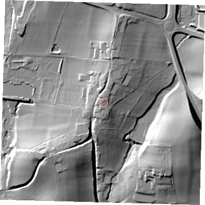 Shaded relief map of the ground around RH98BW, computed from Environment Agency LiDAR. The ground here sits at about 114 m above sea level and falls 30 m across the surrounding 800 m. Surface water reaching this point runs off ground lying to the north, 3.1 m higher.