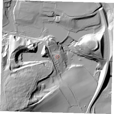 Shaded relief map of the ground around RH98EH, computed from Environment Agency LiDAR. The ground here sits at about 95 m above sea level and falls 72 m across the surrounding 800 m. Surface water reaching this point runs off ground lying to the west, 9.5 m higher.
