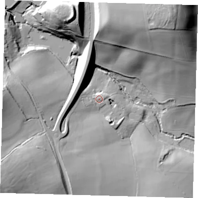 Shaded relief map of the ground around RH98EX, computed from Environment Agency LiDAR. The ground here sits at about 85 m above sea level and falls 43 m across the surrounding 800 m. Surface water reaching this point runs off ground lying to the west, 2.3 m higher.
