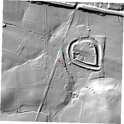 Shaded relief map of the ground around RH98JB, computed from Environment Agency LiDAR. The ground here sits at about 66 m above sea level and falls 21 m across the surrounding 800 m. Surface water reaching this point runs off ground lying to the north-north-east, 5.6 m higher.