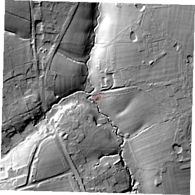 Shaded relief map of the ground around RH98JF, computed from Environment Agency LiDAR. The ground here sits at about 59 m above sea level and falls 21 m across the surrounding 800 m. Surface water reaching this point runs off ground lying to the north-east, 18.3 m higher.