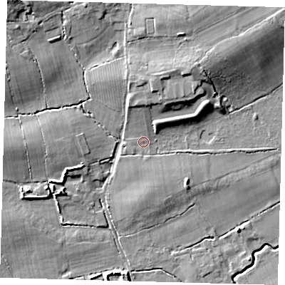 Shaded relief map of the ground around RH98JW, computed from Environment Agency LiDAR. The ground here sits at about 54 m above sea level and falls 15 m across the surrounding 800 m. Surface water reaching this point runs off ground lying to the north, 4.8 m higher.