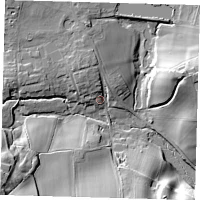 Shaded relief map of the ground around RH98LX, computed from Environment Agency LiDAR. The ground here sits at about 97 m above sea level and falls 32 m across the surrounding 800 m. Surface water reaching this point runs off ground lying to the north-north-west, 9.0 m higher.
