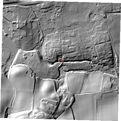 Shaded relief map of the ground around RH98NF, computed from Environment Agency LiDAR. The ground here sits at about 98 m above sea level and falls 37 m across the surrounding 800 m. Surface water reaching this point runs off ground lying to the north-west, 12.3 m higher.