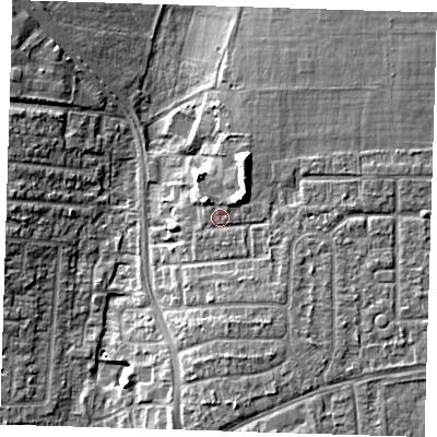Shaded relief map of the ground around RM107DH, computed from Environment Agency LiDAR. The ground here sits at about 13 m above sea level and falls 11 m across the surrounding 800 m. Surface water reaching this point runs off ground lying to the north-north-east, 5.7 m higher.