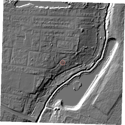 Shaded relief map of the ground around RM108BJ, computed from Environment Agency LiDAR. The ground here sits at about 5 m above sea level and falls 11 m across the surrounding 800 m. Surface water reaching this point runs off ground lying to the north-north-west, 6.0 m higher.