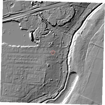 Shaded relief map of the ground around RM108UP, computed from Environment Agency LiDAR. The ground here sits at about 6 m above sea level and falls 14 m across the surrounding 800 m. Surface water reaching this point runs off ground lying to the west, 5.3 m higher.