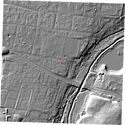 Shaded relief map of the ground around RM108XR, computed from Environment Agency LiDAR. The ground here sits at about 7 m above sea level and falls 15 m across the surrounding 800 m. Surface water reaching this point runs off ground lying to the north-west, 1.5 m higher.