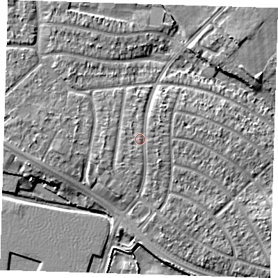 Shaded relief map of the ground around RM109AB, computed from Environment Agency LiDAR. The ground here sits at about 6 m above sea level and falls 7 m across the surrounding 800 m. Surface water reaching this point runs off ground lying to the south-south-west, 0.5 m higher.