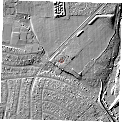 Shaded relief map of the ground around RM109AJ, computed from Environment Agency LiDAR. The ground here sits at about 4 m above sea level and falls 10 m across the surrounding 800 m. Surface water reaching this point runs off ground lying to the east-north-east, 2.7 m higher.