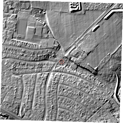 Shaded relief map of the ground around RM109AL, computed from Environment Agency LiDAR. The ground here sits at about 2 m above sea level and falls 9 m across the surrounding 800 m. Surface water reaching this point runs off ground lying to the north-north-east, 6.3 m higher.