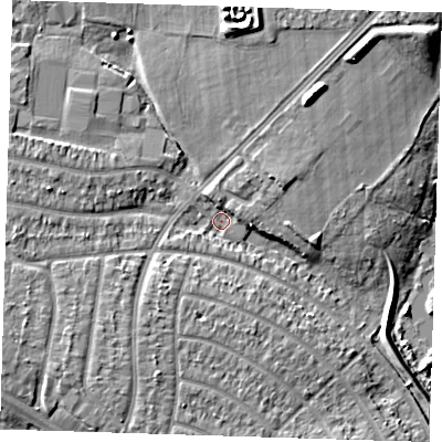 Shaded relief map of the ground around RM109AP, computed from Environment Agency LiDAR. The ground here sits at about 2 m above sea level and falls 9 m across the surrounding 800 m. Surface water reaching this point runs off ground lying to the north, 6.4 m higher.