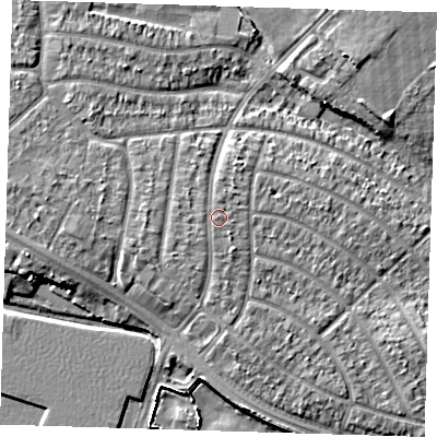 Shaded relief map of the ground around RM109AR, computed from Environment Agency LiDAR. The ground here sits at about 6 m above sea level and falls 7 m across the surrounding 800 m. Surface water reaching this point runs off ground lying to the west-south-west, 0.6 m higher.