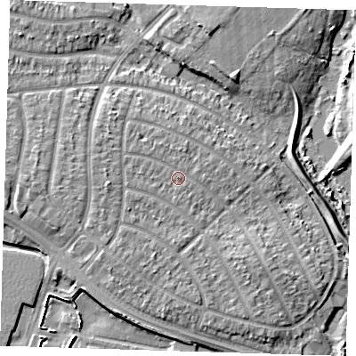 Shaded relief map of the ground around RM109BA, computed from Environment Agency LiDAR. The ground here sits at about 5 m above sea level and falls 7 m across the surrounding 800 m. Surface water reaching this point runs off ground lying to the west, 0.9 m higher.