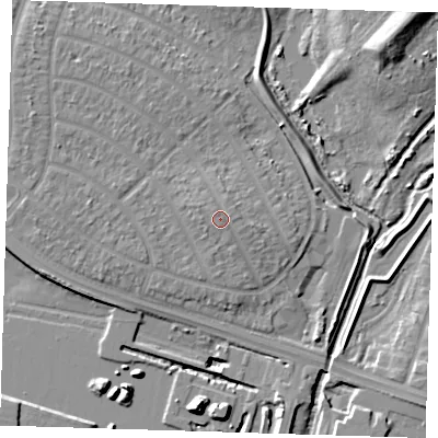 Shaded relief map of the ground around RM109BB, computed from Environment Agency LiDAR. The ground here sits at about 5 m above sea level and falls 13 m across the surrounding 800 m. Surface water reaching this point runs off ground lying to the west, 0.7 m higher.