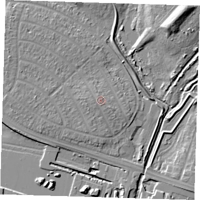 Shaded relief map of the ground around RM109BD, computed from Environment Agency LiDAR. The ground here sits at about 5 m above sea level and falls 13 m across the surrounding 800 m. Surface water reaching this point runs off ground lying to the west, 0.6 m higher.