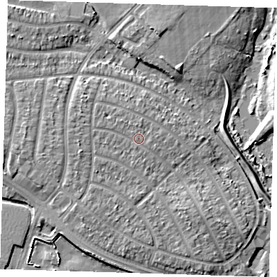Shaded relief map of the ground around RM109BE, computed from Environment Agency LiDAR. The ground here sits at about 5 m above sea level and falls 7 m across the surrounding 800 m. Surface water reaching this point runs off ground lying to the west-north-west, 0.9 m higher.
