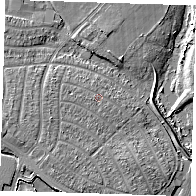 Shaded relief map of the ground around RM109BJ, computed from Environment Agency LiDAR. The ground here sits at about 5 m above sea level and falls 7 m across the surrounding 800 m. Surface water reaching this point runs off ground lying to the west, 1.5 m higher.