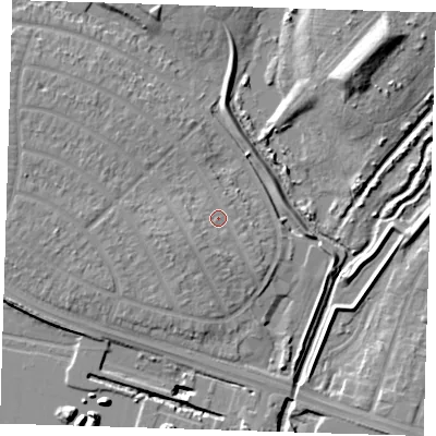 Shaded relief map of the ground around RM109BL, computed from Environment Agency LiDAR. The ground here sits at about 4 m above sea level and falls 13 m across the surrounding 800 m. Surface water reaching this point runs off ground lying to the south, 2.4 m higher.