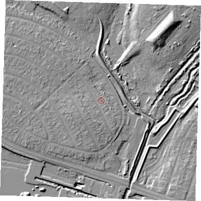 Shaded relief map of the ground around RM109BP, computed from Environment Agency LiDAR. The ground here sits at about 3 m above sea level and falls 13 m across the surrounding 800 m. Surface water reaching this point runs off ground lying to the south-south-west, 2.4 m higher.