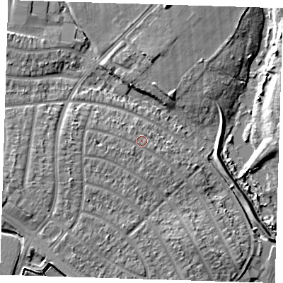 Shaded relief map of the ground around RM109BS, computed from Environment Agency LiDAR. The ground here sits at about 4 m above sea level and falls 8 m across the surrounding 800 m. Surface water reaching this point runs off ground lying to the west, 1.4 m higher.