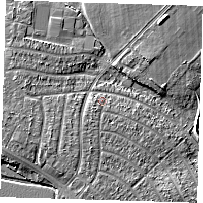 Shaded relief map of the ground around RM109BT, computed from Environment Agency LiDAR. The ground here sits at about 5 m above sea level and falls 8 m across the surrounding 800 m. Surface water reaching this point runs off ground lying to the south-south-west, 2.0 m higher.