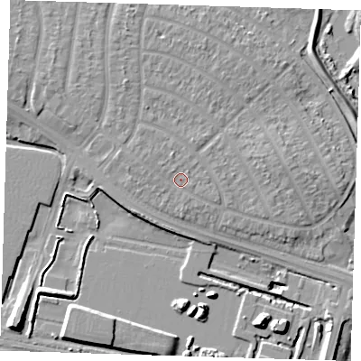 Shaded relief map of the ground around RM109DP, computed from Environment Agency LiDAR. The ground here sits at about 5 m above sea level and falls 11 m across the surrounding 800 m. Surface water reaching this point runs off ground lying to the north-west, 0.9 m higher.