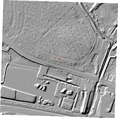 Shaded relief map of the ground around RM109DS, computed from Environment Agency LiDAR. The ground here sits at about 4 m above sea level and falls 12 m across the surrounding 800 m. Surface water reaching this point runs off ground lying to the north-west, 1.2 m higher.