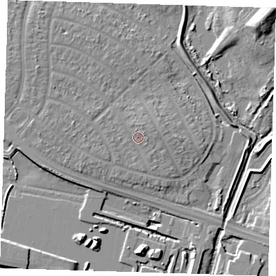 Shaded relief map of the ground around RM109EA, computed from Environment Agency LiDAR. The ground here sits at about 5 m above sea level and falls 13 m across the surrounding 800 m. Surface water reaching this point runs off ground lying to the north-north-east, 1.0 m higher.